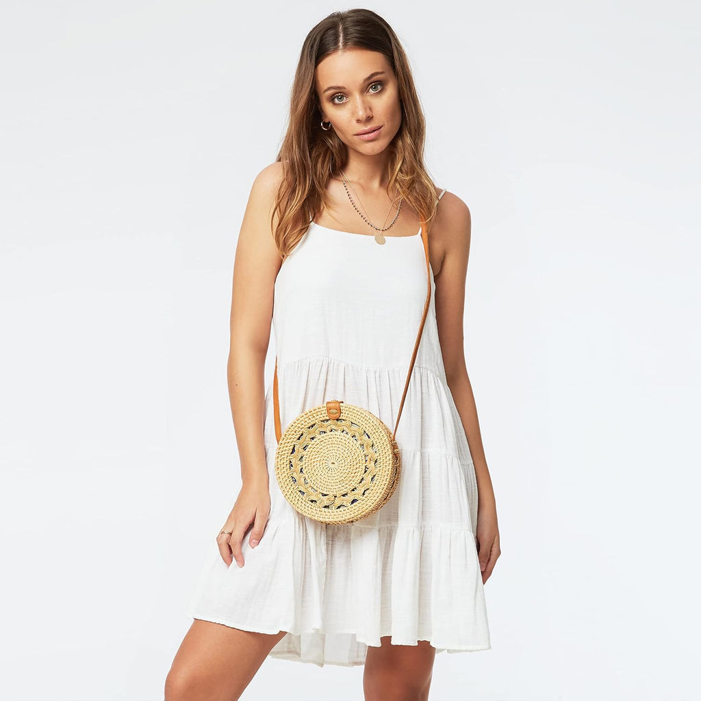 Round Rattan Bag For Women - Handmade Straw Bags - Wicker Purse - Brown White Circle Crossbody Boho Bags