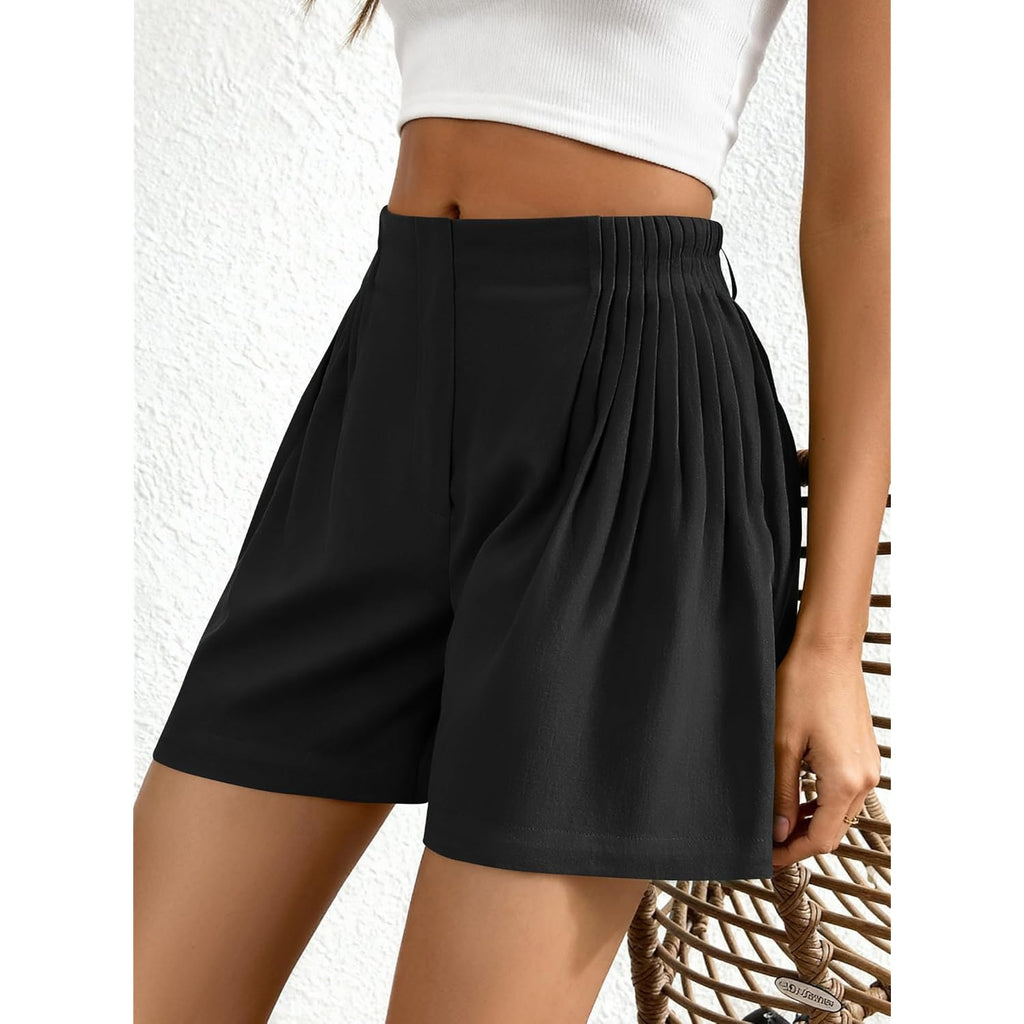 Womens Shorts Casual 2026 Spring Summer Elastic High Waisted Pleated Cotton Shorts Beach Vacation Outfits Pockets