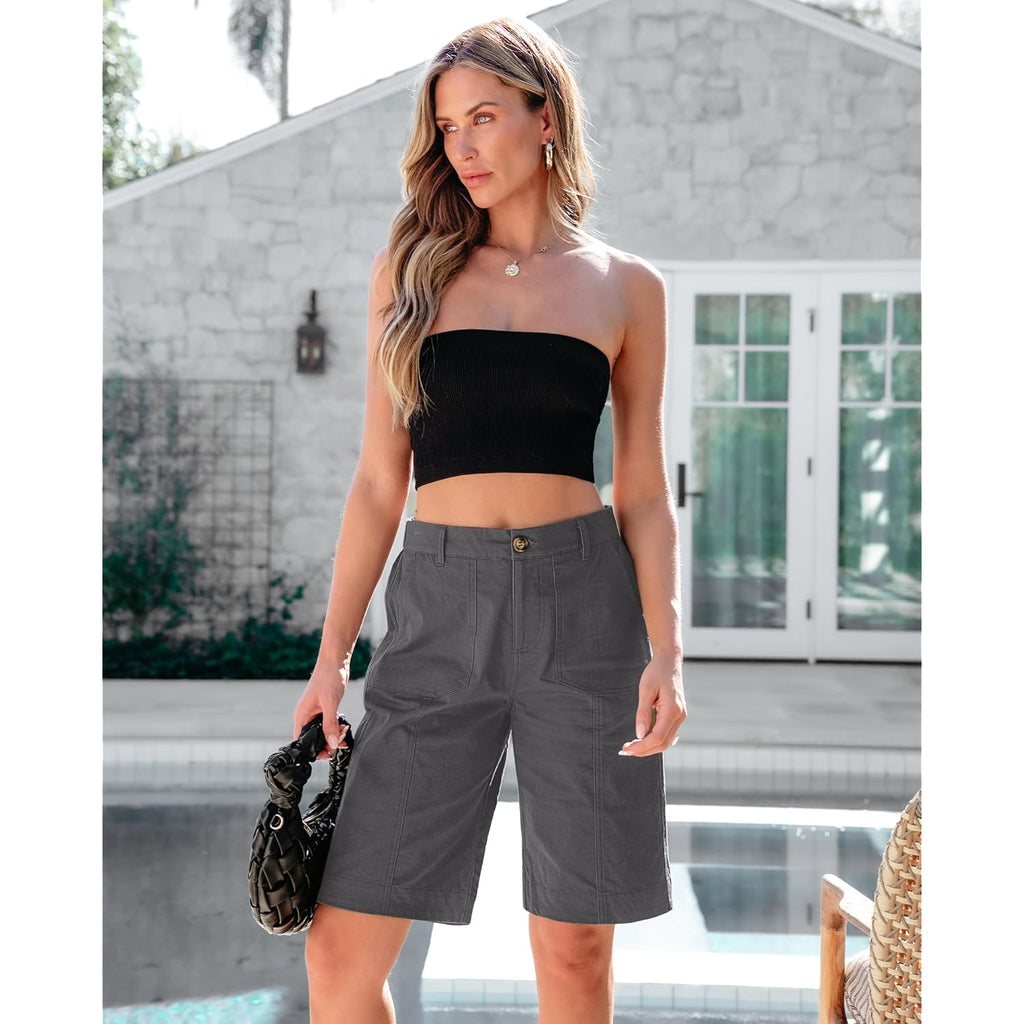 Bermuda Shorts for Women Knee Length High Waisted Cotton Elastic Waist Summer Dressy Casual Long Chino Shorts