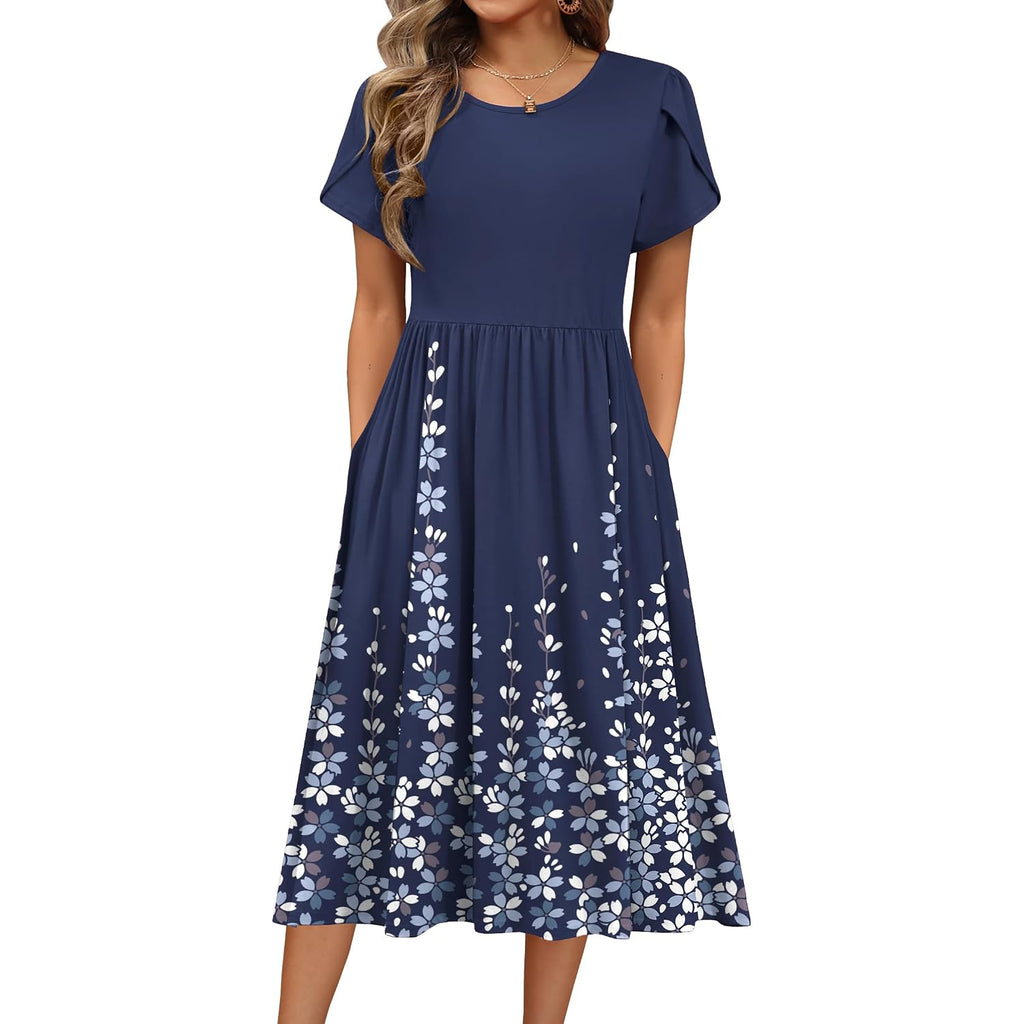 Hotouch Women'S Summer A-Line Midi Dresses 2026 Casual Floral Short Sleeve T-Shirt Dress Flowy Beach Sundress With Pockets