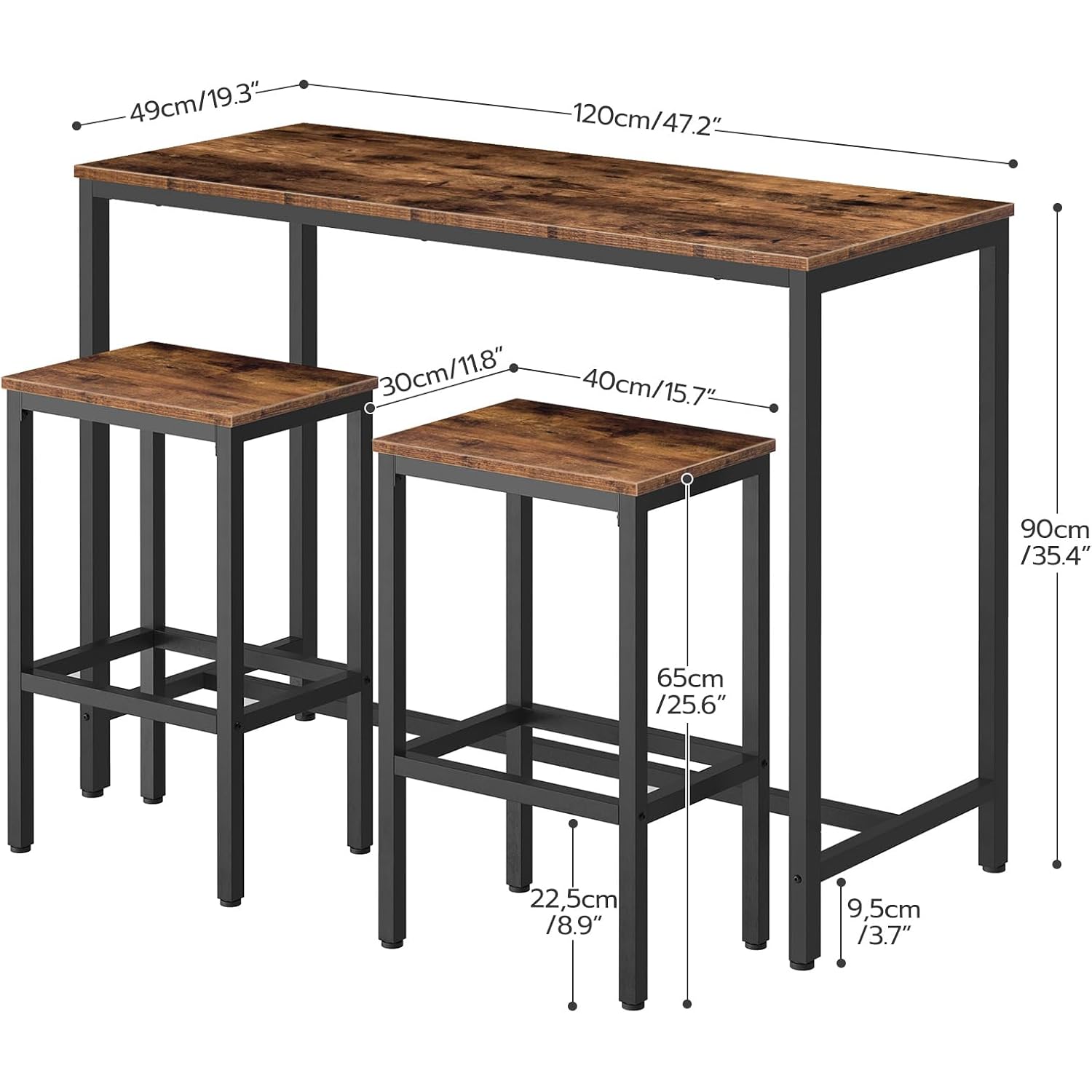 Hoobro Bar Table And Chairs Set, 47.2” Rectangular Pub Table With 2 Stools For Small Space, 3-Piece Breakfast Stools Set, Sturdy Metal Frame, Easy To Assemble, Rustic Brown Bf52Bt01