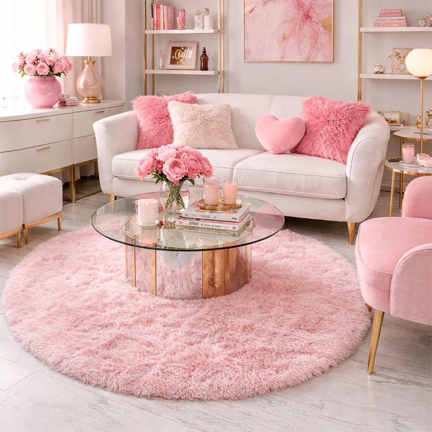 Amdrebio Light Pink Round Circle Rug 4Ft for Girls Bedroom, Fluffy Cute Area Rugs for Kids Room Decor Aesthetic, Small Shag Fur Carpet for Nursery Dorm Classroom Playroom Teen Toddler Baby Corner