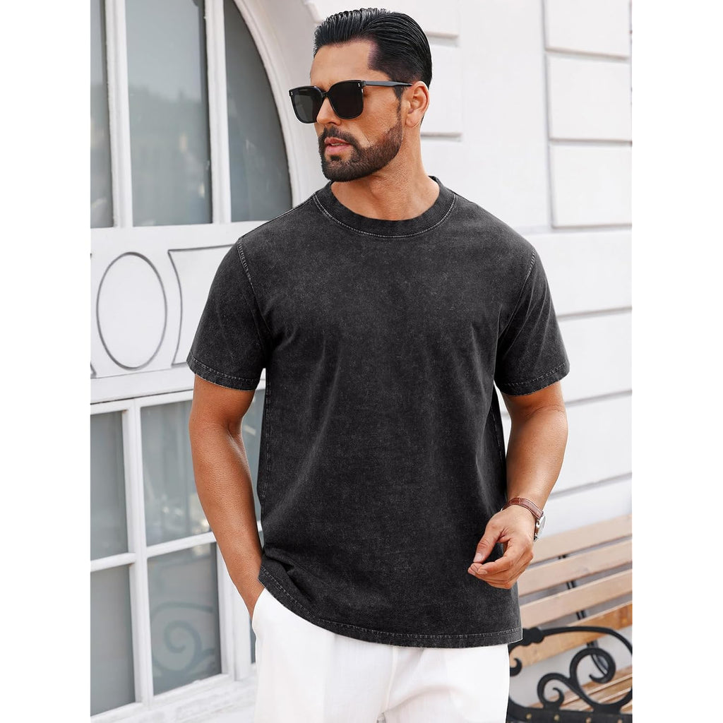 Runcati Mens Short Sleeve T-Shirts 100% Cotton Crew Neck Casual Shirt Vintage Acid Wash Summer Fashion Tees