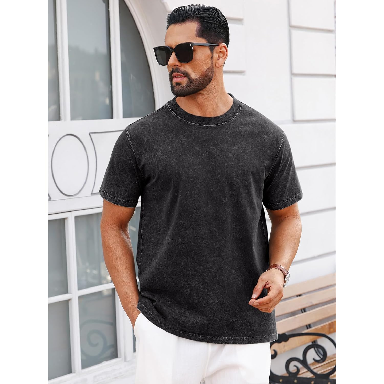 Runcati Mens Short Sleeve T-Shirts 100% Cotton Crew Neck Casual Shirt Vintage Acid Wash Summer Fashion Tees
