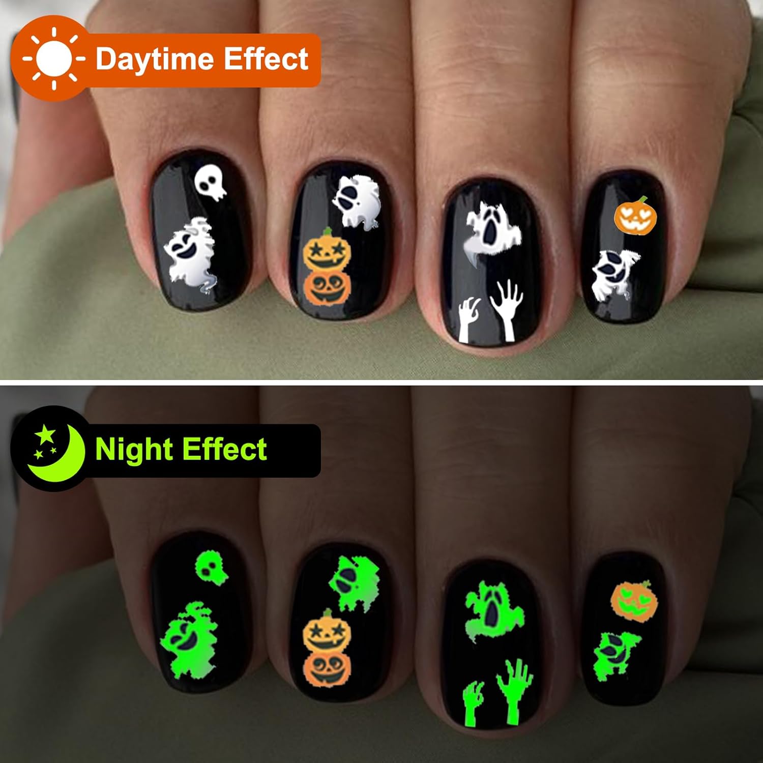 IDDFEVE Halloween Glow in The Dark Nail Stickers, 3D Luminous Ghost Nail Art Decals, Self-Adhesive Pumpkin Spider-Web Bat Design for DIY Supplies Decoration (8 Sheets)