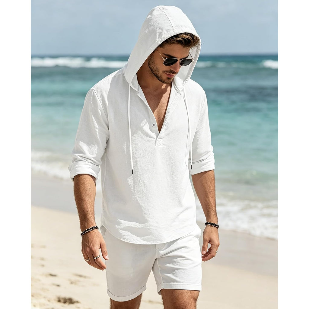 Men'S Cotton Linen Hoodies Casual Hooded Long Sleeve Button Down Shirts Lightweight Casual Hawaiian Beach Sweatshirts