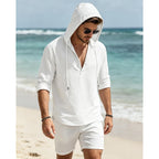Men'S Cotton Linen Hoodies Casual Hooded Long Sleeve Button Down Shirts Lightweight Casual Hawaiian Beach Sweatshirts
