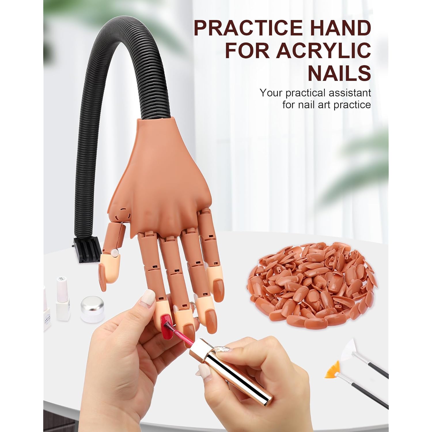 Practice Hand for Acrylic Nails, Flexible Nail Practice Hands Magnetic Fake Hands for Nails Practice, Movable Nail Mannequin Hand with 200PCS Nail Tips for Beginners