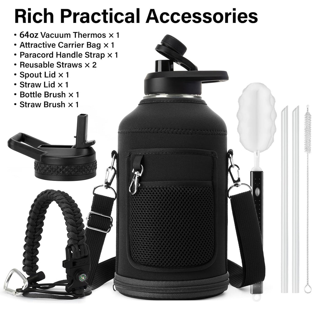 Dysanky Insulated Water Bottle | Thickened Stainless Steel Vacuum Metal | Portable Sports Half Gallon Large Water Jug For Gym And Hiking With Straw, Carrier Bag, Handle Strap | Bpa-Free 64 Oz