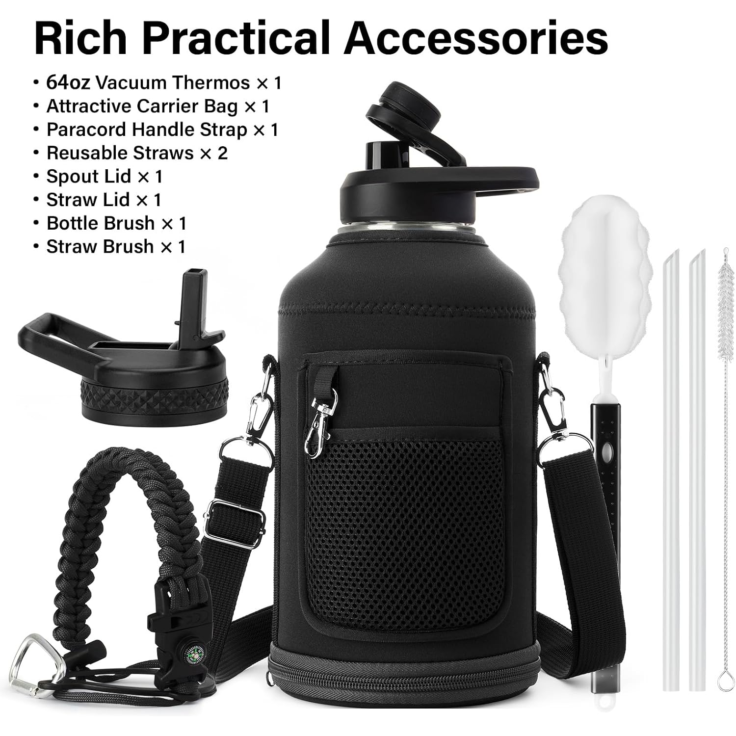 Dysanky Insulated Water Bottle | Thickened Stainless Steel Vacuum Metal | Portable Sports Half Gallon Large Water Jug For Gym And Hiking With Straw, Carrier Bag, Handle Strap | Bpa-Free 64 Oz