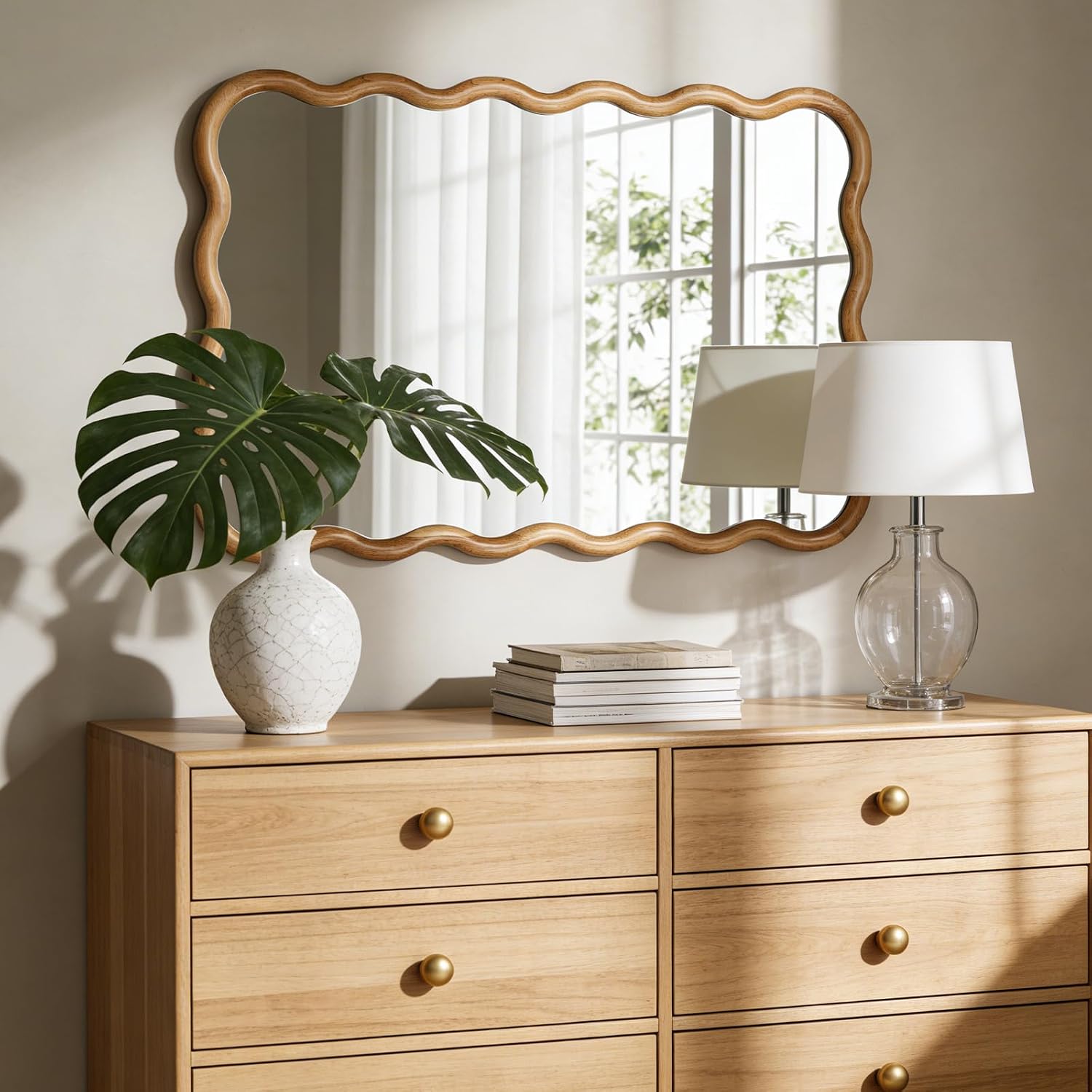 24"X36" Wavy Wood Mirror, Natural Wood Boho Accent Wall Mirror With Wooden Frame, Decorative Wall Mounted Mirror For Horizontal Or Vertical Hanging In Bathroom, Bedroom, Living Room