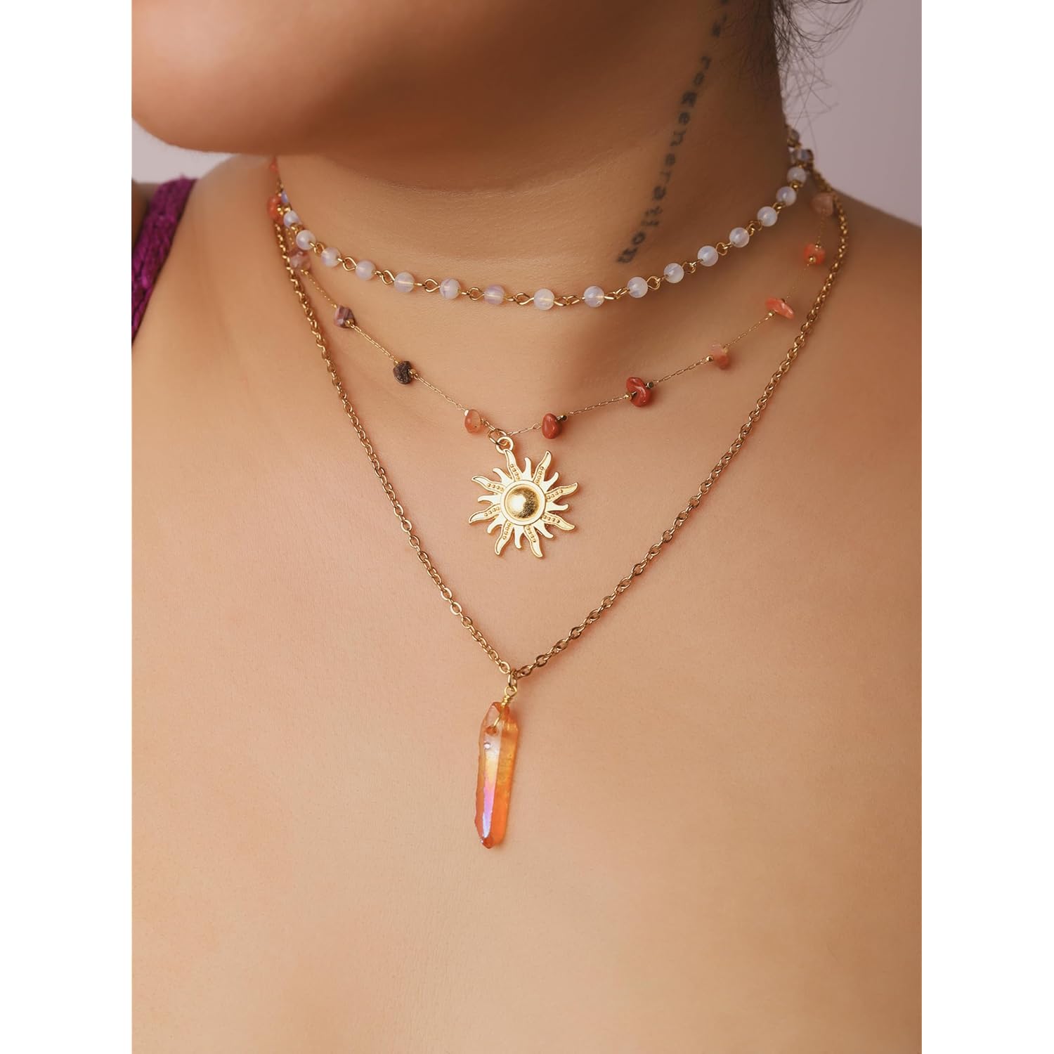 Sacina Layered Crystal Sun Necklace, Gothic Boho Hippie Summer Beach Necklace, Boho Hippie Jewelry, Christmas Jewelry Gift for Women