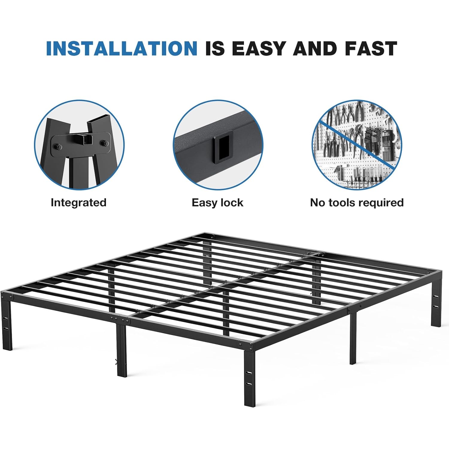 OLIXIS Metal Queen Bed Frame - 14in High with Storage Space, No Box Spring Needed with Sturdy Steel Slat Support, 2200LBS Heavy Duty for Easy Assembly, Black for Bedroom