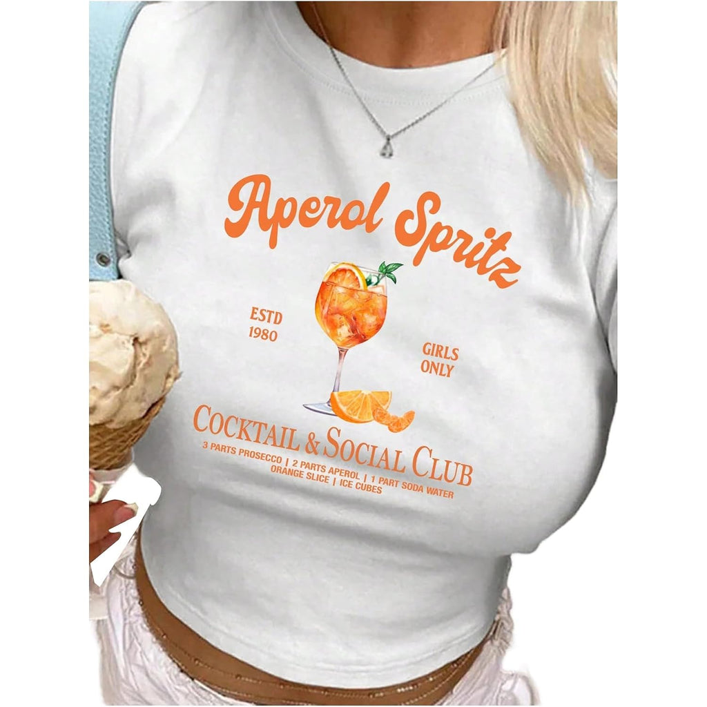 SweatyRocks Women's Tequila Print Y2k Slim Fit Crop Top Slogan Graphic Cute Short Sleeve T Shirts Orange White