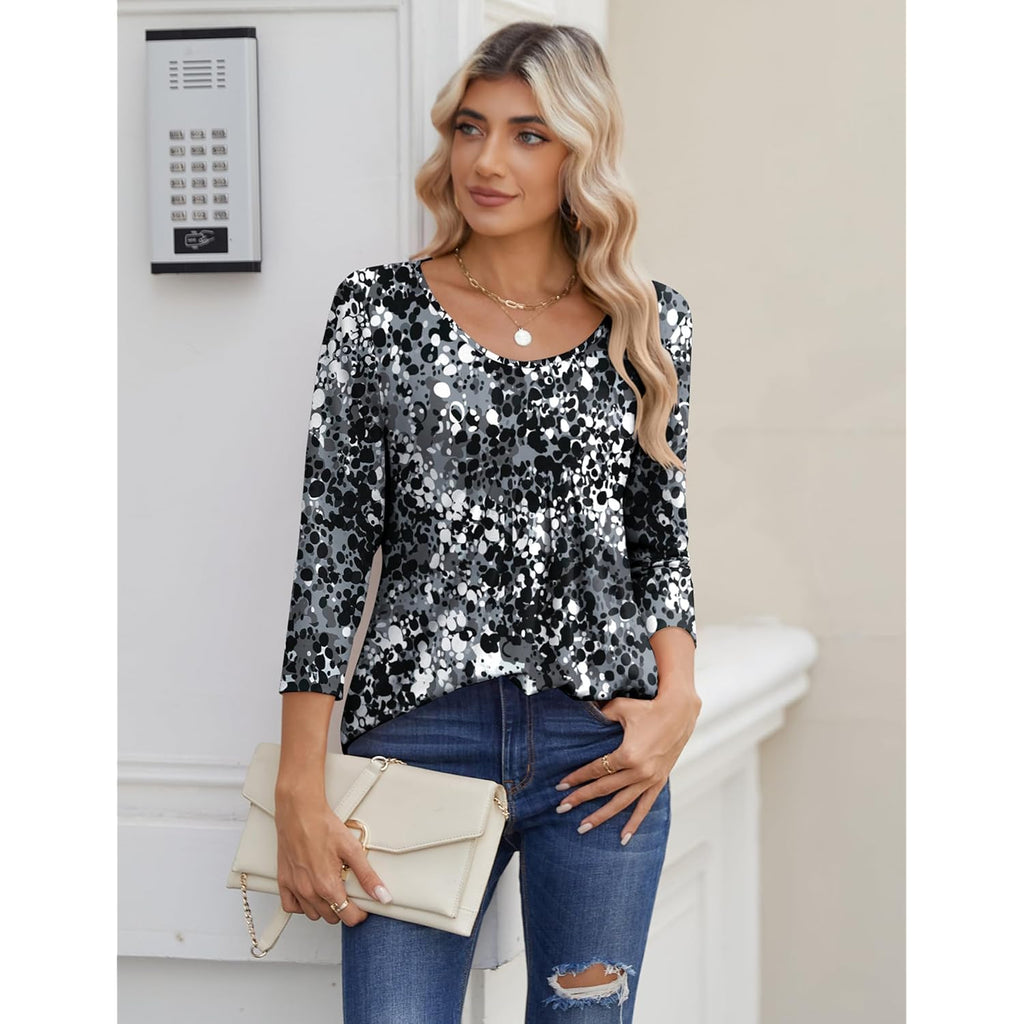 3/4 Sleeve Tops for Women Crew Neck Blouses Pleated Casual Shirts Fall Work Clothes 2026