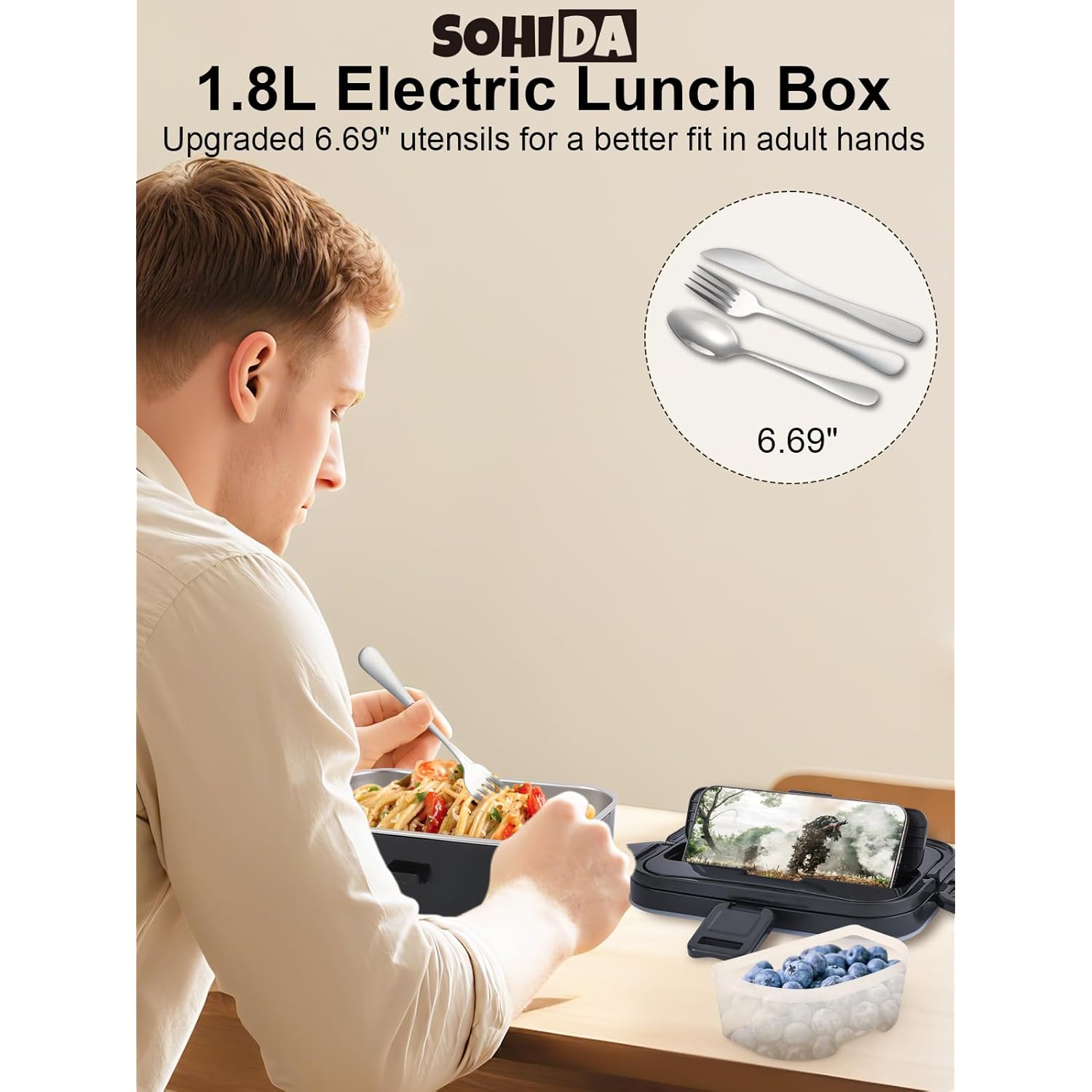 SOHIDA 1.8L+0.5L Heated Lunch Box for Men, 80W Electric Lunch Box with Long-handled Utensils for Adults, 12V/24V/110V Lonchera Eléctrica Portátil, Portable Food Warmer for Car/Truck/Office (Black)