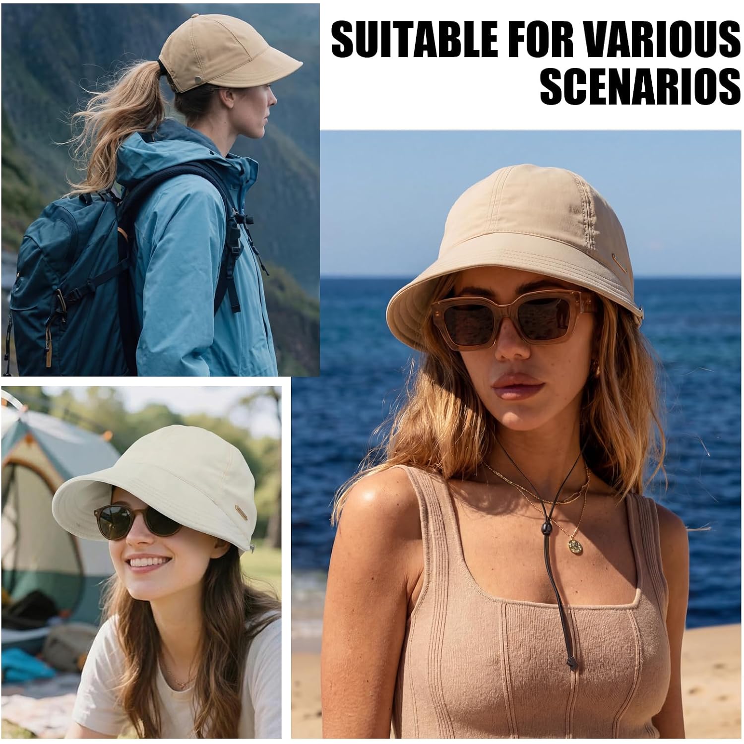 2 Pack Women Sun Hat UV Protection Hiking Fishing Hats Wide Brim Hat Adjustable Ponytail Packable Cap for Outdoor White, Khaki