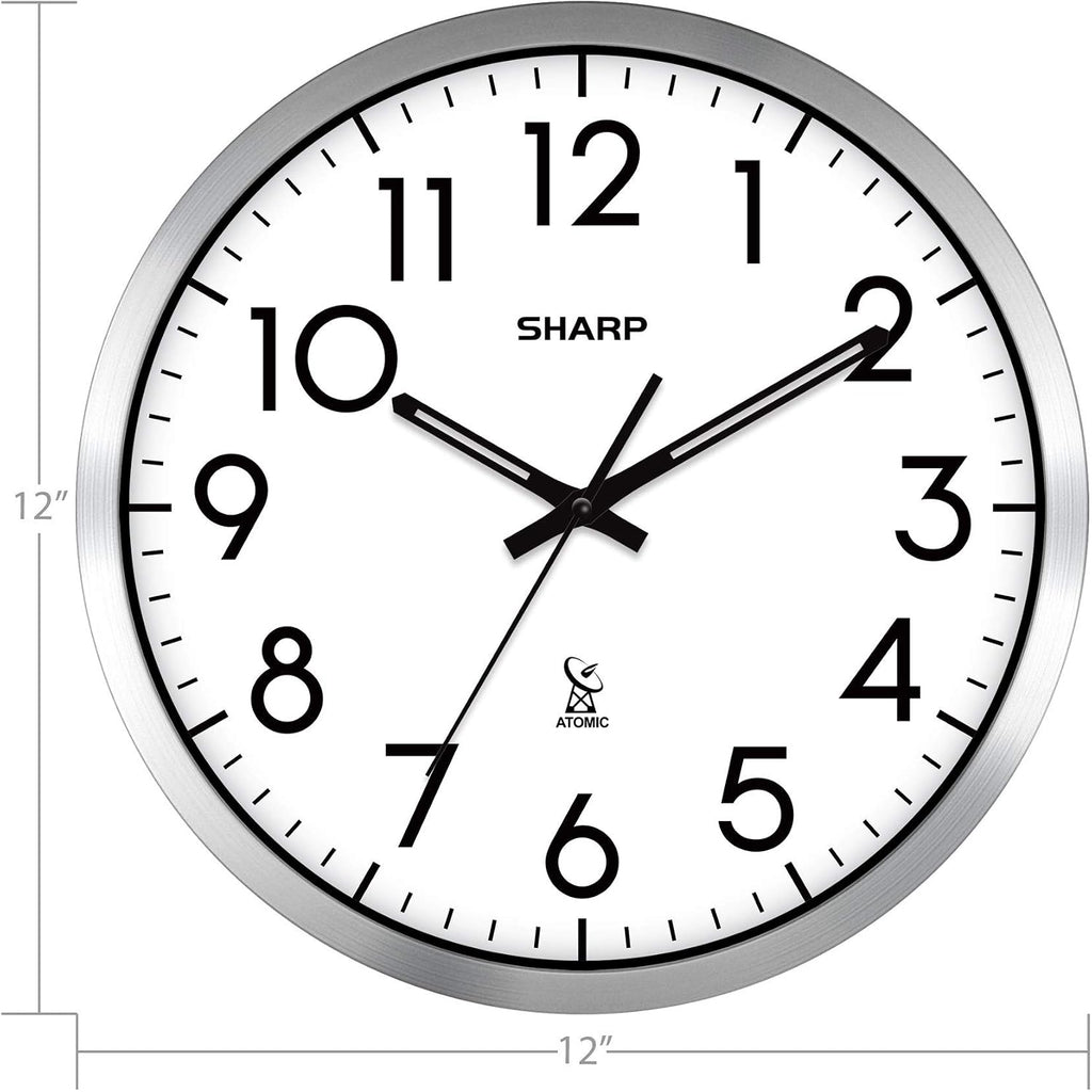 Sharp Atomic Analog Wall Clock - 12" Silver Brushed Finish Sets Automatically- Battery Operated Easy To Read Use: Simple, Style Fits Any Decor