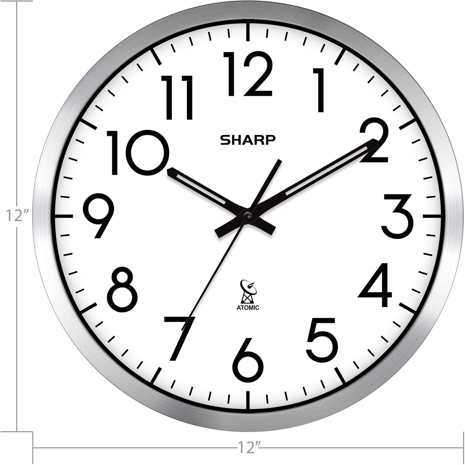 Sharp Atomic Analog Wall Clock - 12" Silver Brushed Finish Sets Automatically- Battery Operated Easy To Read Use: Simple, Style Fits Any Decor