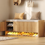 Homefort 47.2" Fluted Shoe Storage Bench, Entryway Bench With Linen Seat Cushion, Shoe Cabinet Bench With Adjustable Shelf And Built-In Led Sensor Light, Bench For Bedroom End Of Bed, Natural Oak