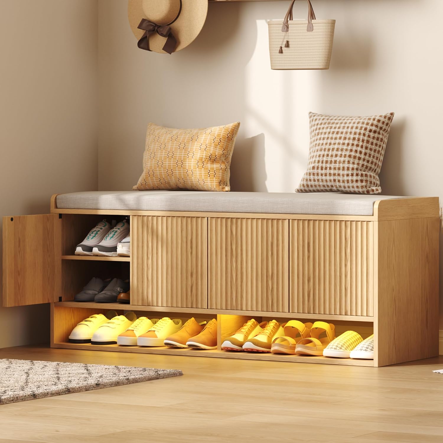 Homefort 47.2" Fluted Shoe Storage Bench, Entryway Bench With Linen Seat Cushion, Shoe Cabinet Bench With Adjustable Shelf And Built-In Led Sensor Light, Bench For Bedroom End Of Bed, Natural Oak