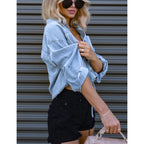 Kwoki Women'S Cropped Denim Shirt Casual Oversized Button Down Jean Tops | Roll Up 3/4 Sleeve, Casual Loose Crop Tops, Adjustable Drawstring Hem, Button Front, Crop Jean Jacket,Lightweight Denim Top