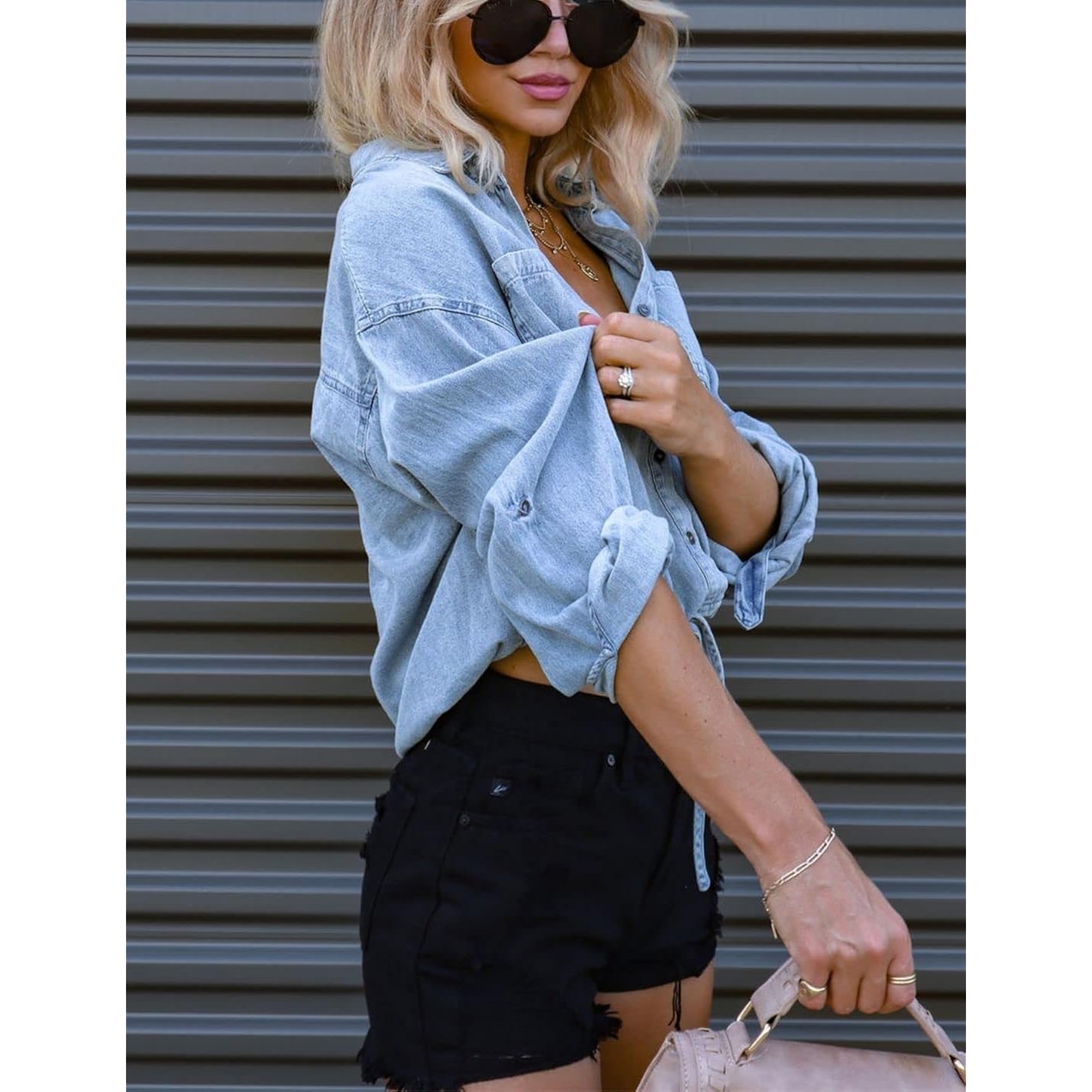 Kwoki Women'S Cropped Denim Shirt Casual Oversized Button Down Jean Tops | Roll Up 3/4 Sleeve, Casual Loose Crop Tops, Adjustable Drawstring Hem, Button Front, Crop Jean Jacket,Lightweight Denim Top