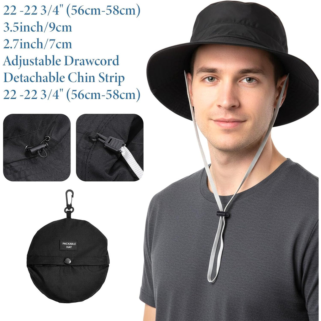 Travel Waterproof Summer Sun Bucket Hat Packable Quick Dry Beach Hats for Women Lightweight Outdoor Rain Hat with Adjustable Chin Strap Travel Hiking Fishing Cap for Women Men Black