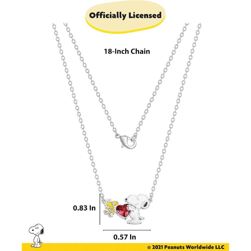 Peanuts Official Snoopy and Woodstock Necklaces, Silver Flash-Plated with Red Crystal Heart, Valentines Gifts for Her