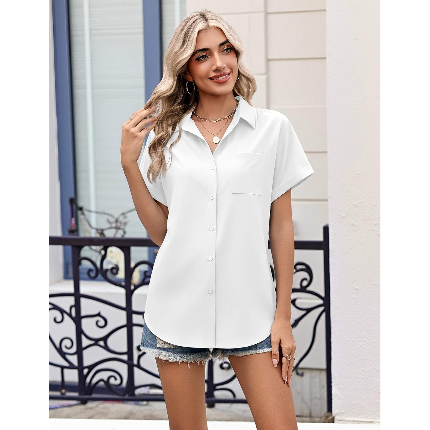 Womens Button Down Shirt Short Sleeve Blouse V Neck Dressy Casual Business Work Tops with Pocket S-XXL
