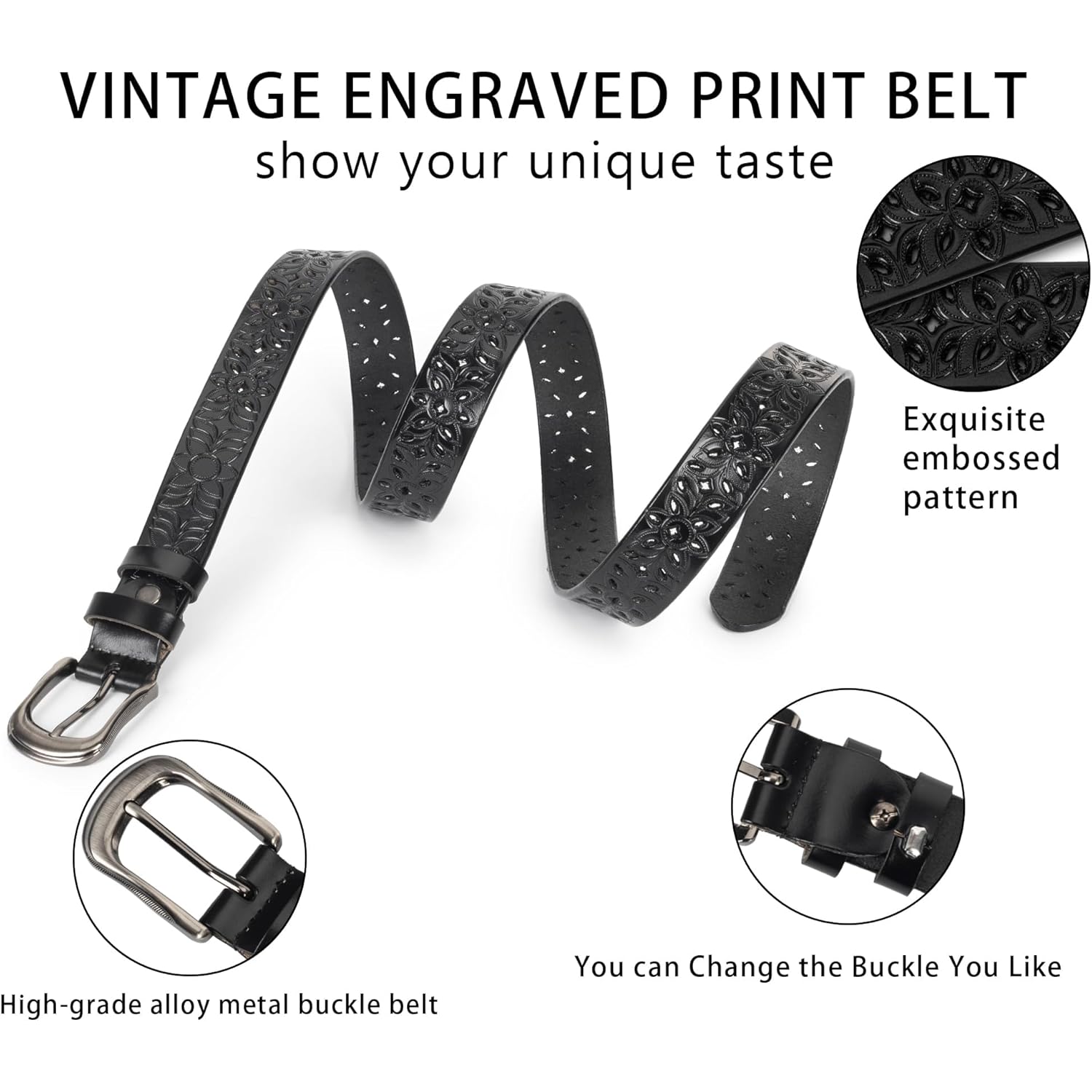 Womens-Hollow Flower Genuine-Leather-Belts - 1.2" Wide Plus Size Soft Leather Belt for Jeans Dresses Pants