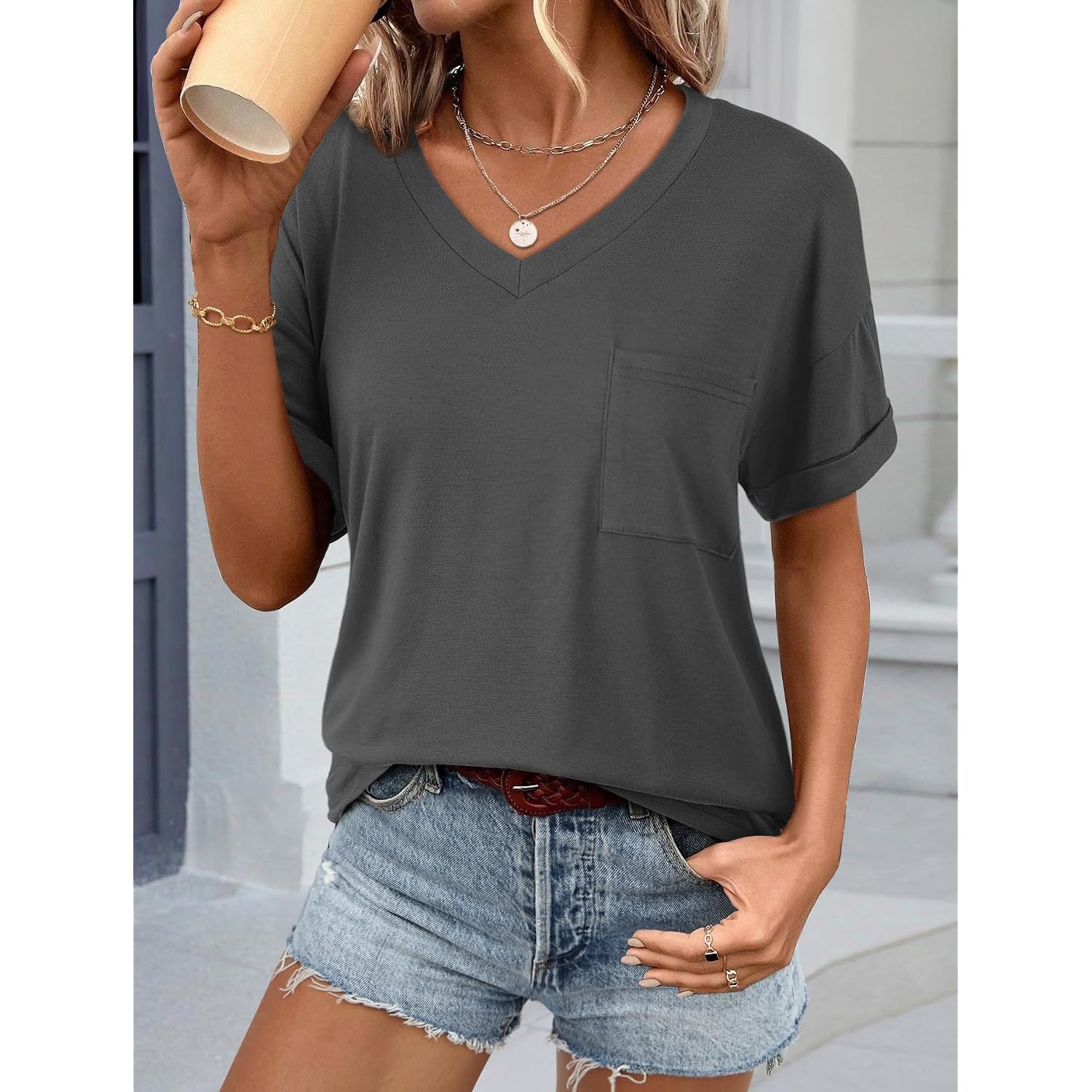 Athmile Womens T Shirts 2026 Short Sleeve V-Neck Shirts Cute Fit Summer Casual Tee Tops S-Xxl