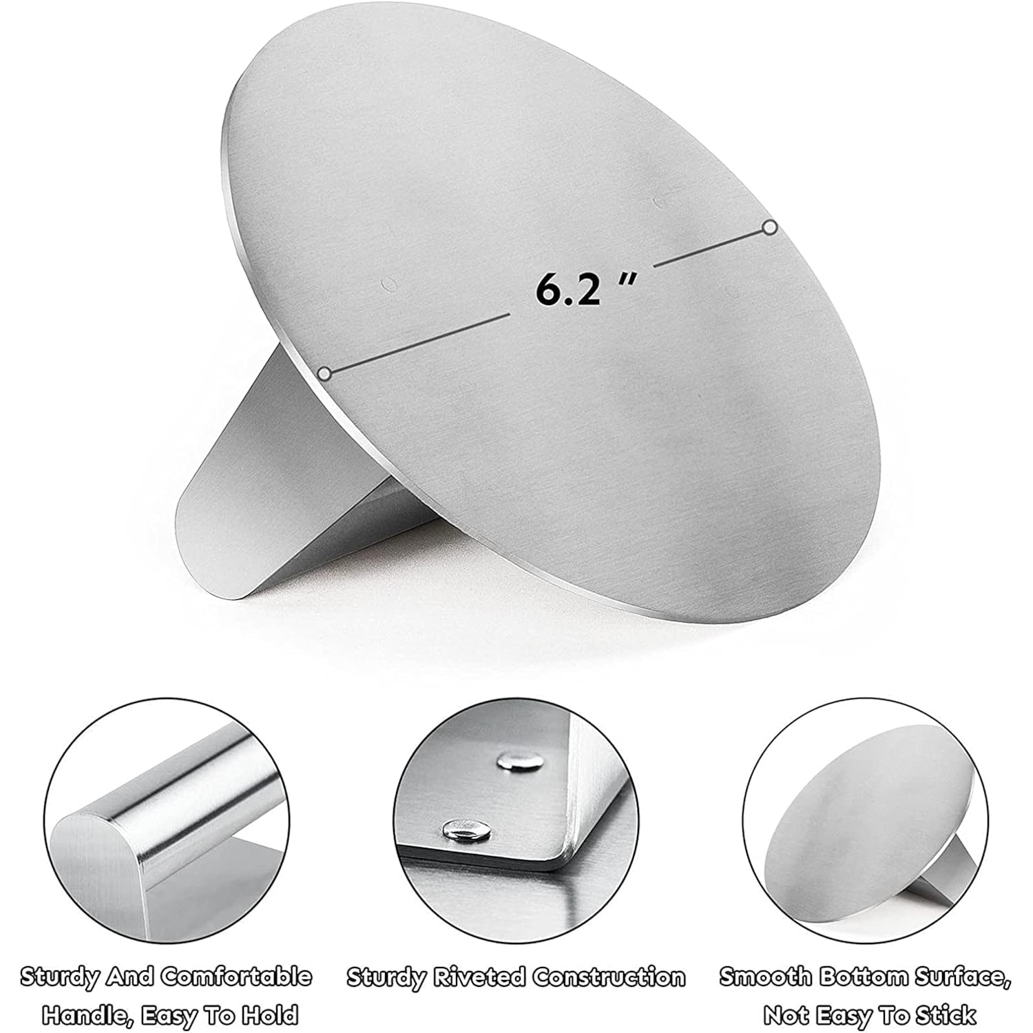 Hulisen Stainless Steel Burger Press, 6.2 Inch Round Burger Smasher, Professional Griddle Accessories Kit, Grill Press Perfect For Flat Top Griddle Grill Cooking