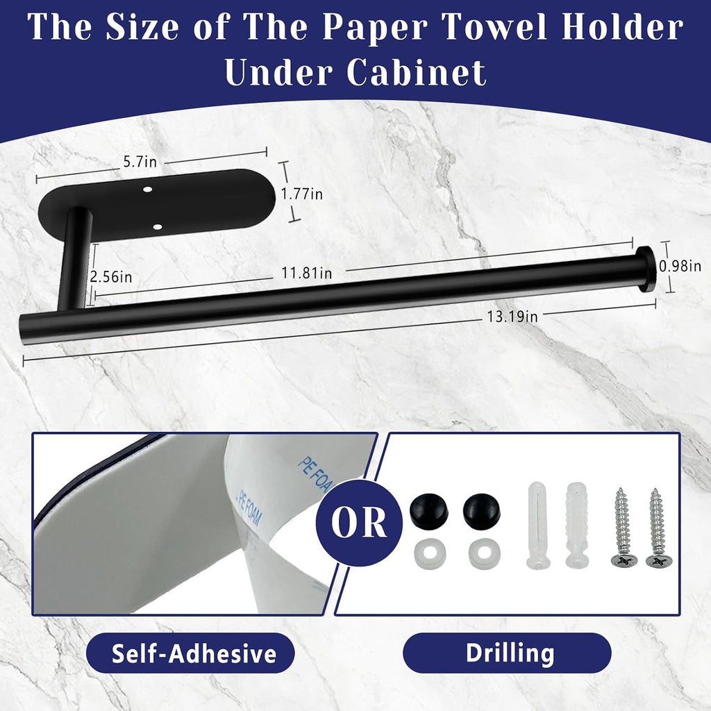 Paper Towel Holder, Self Adhesive Or Drilling Paper Towel Holder Under Cabinet, Stainless Steel Black Paper Towel Holders Wall Mount For Kitchen, Bathroom, Sink, Pantry, Fridge