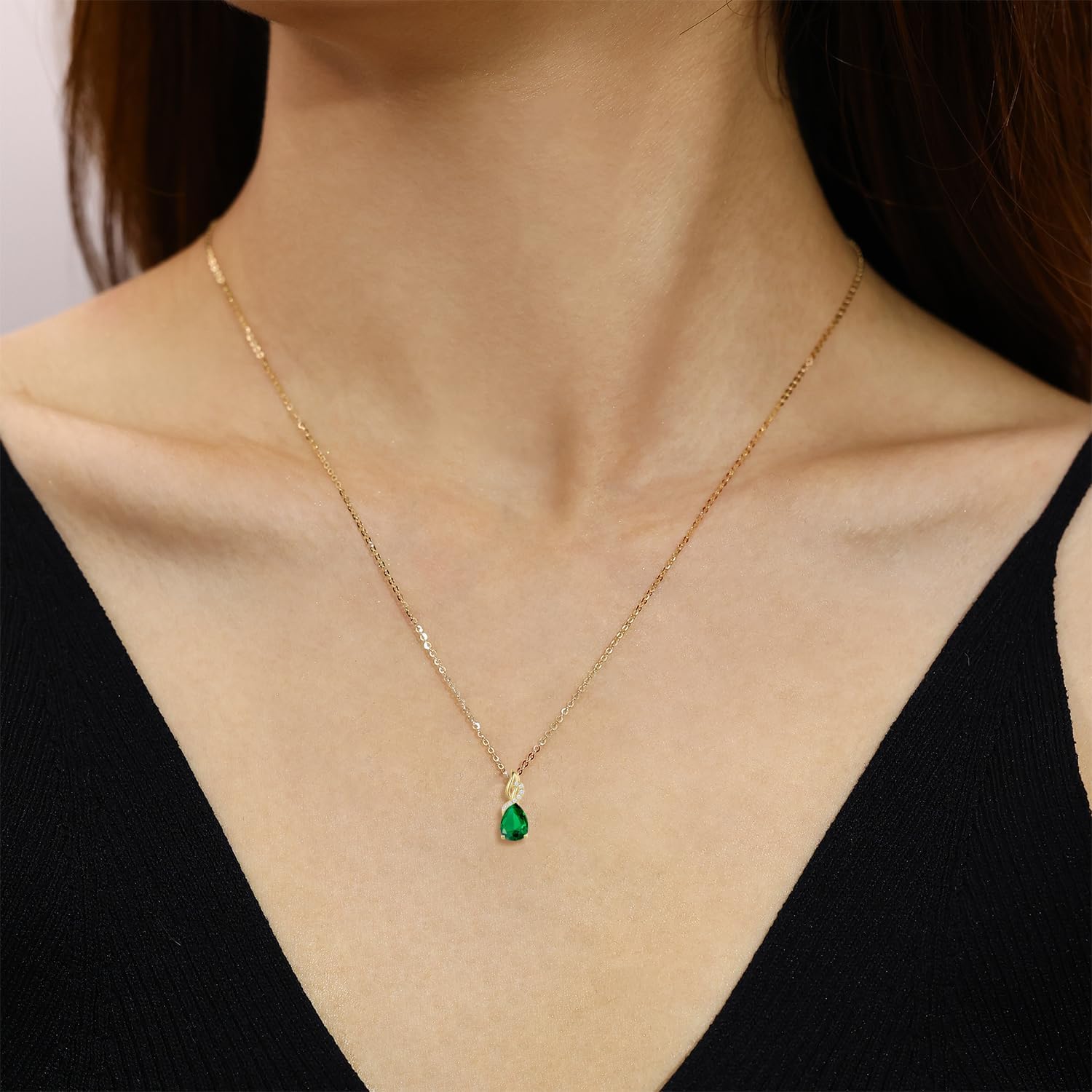 FANCIME 14K Solid Yellow Gold Teardrop Pendant with Diamond Birthstone Necklace Birthday Gifts for Mom Women, Sterling Silver Chain 16" + 2" Extender