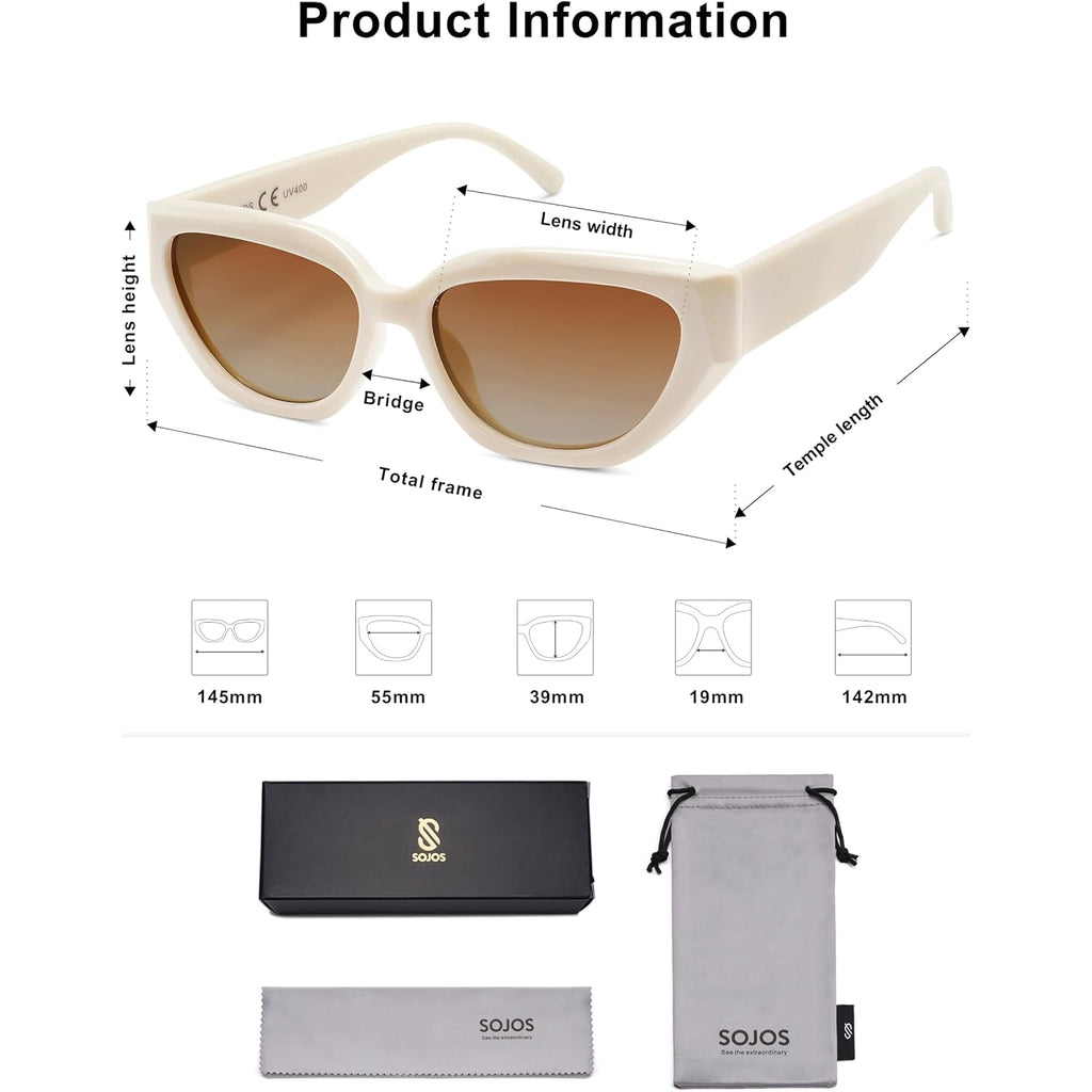 SOJOS Trendy Cute Cat Eye Polarized Sunglasses for Women Fashion Cateye Womens Sunnies SJ2237 Light Beige