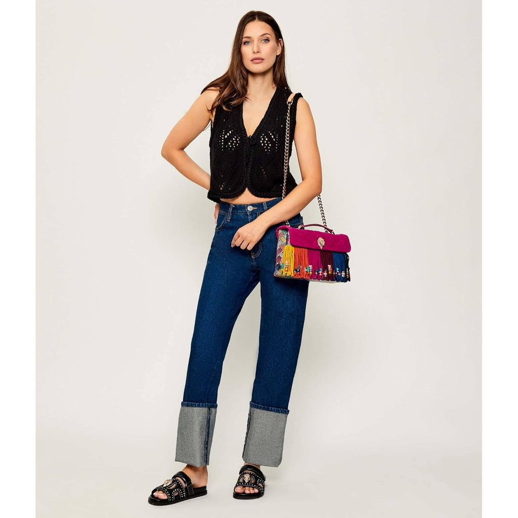 KURT GEIGER LONDON Kensington Leather Fringe Shoulder Bag | Double chain strap, Magnetic closure, Bead accent