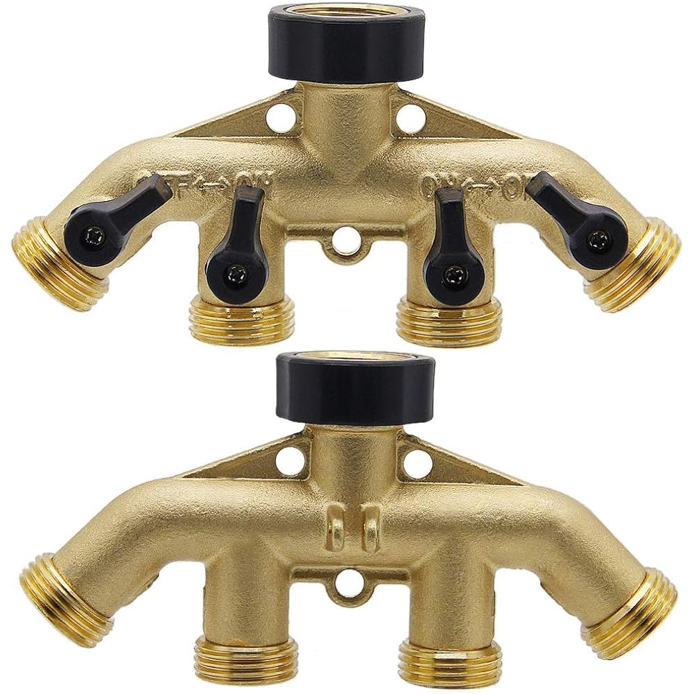 Twinkle Star 4 Way Heavy Duty Brass Garden Hose Splitter | 3/4" Hose Connector, Hose Spigot Adapter, 4 Valves