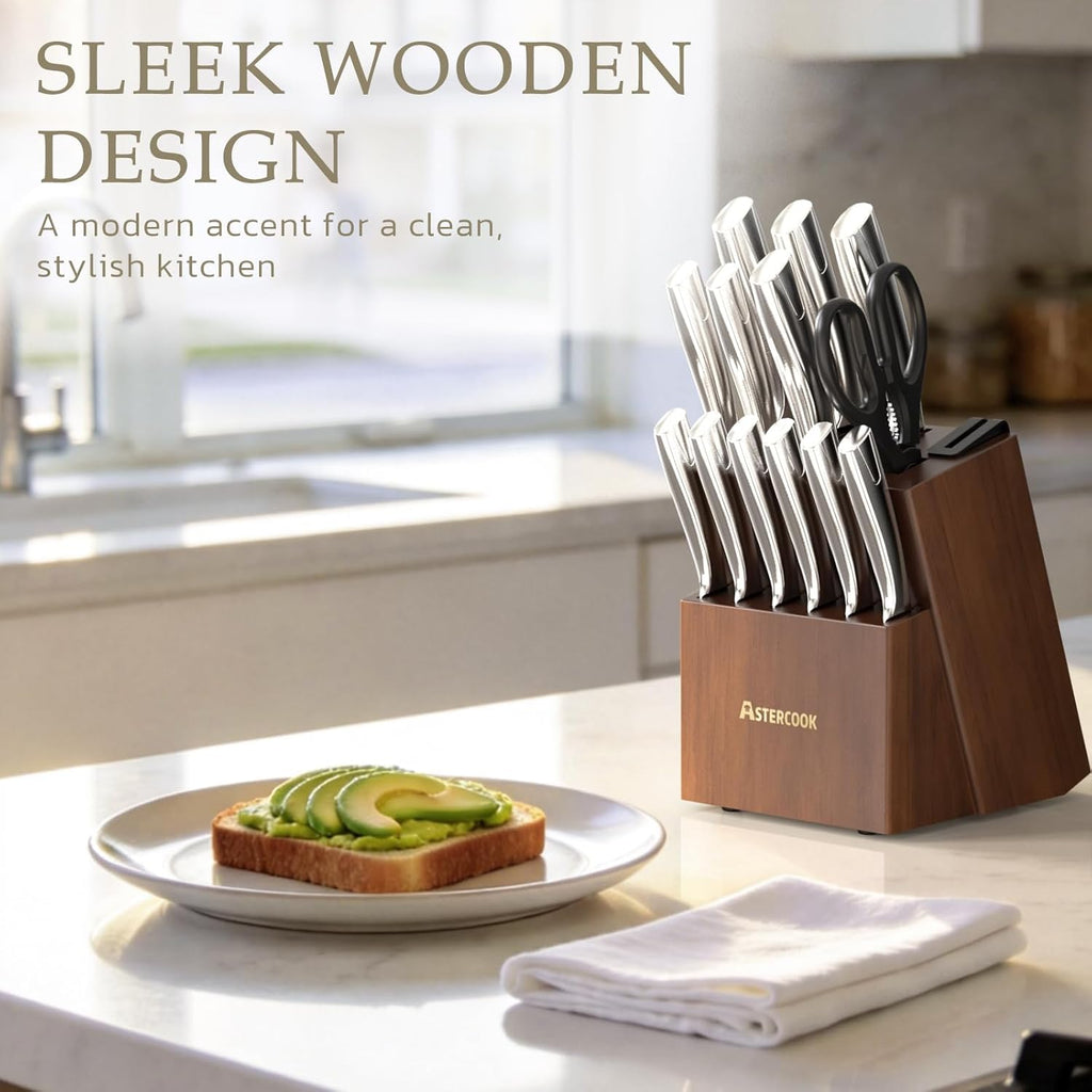 Astercook Knife Set, Kitchen Knives Set with Block and Sharpener Full Tang 15 Pcs Premium Stainless Steel Knives, Dishwasher Safe Knife Set with Anti-slip Ergonomic Handle, Walnut, Mothers Day Gifts
