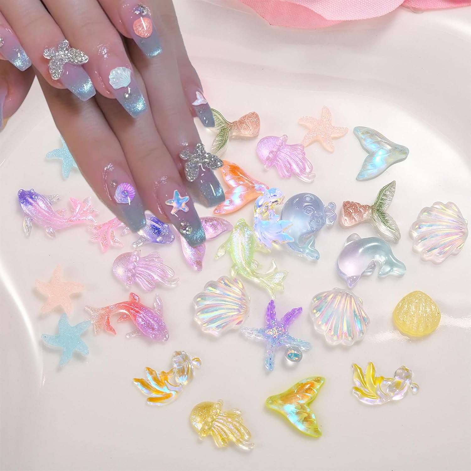 100Pcs Ocean Series Nails Charms 3D Colorful Seashell Jellyfish Starfish Nail Rhinestones Resin Summer Flat Nail Art Supplies for Acrylic Nails Dolphin Mermaid Nail Charms for Women Summer DIY