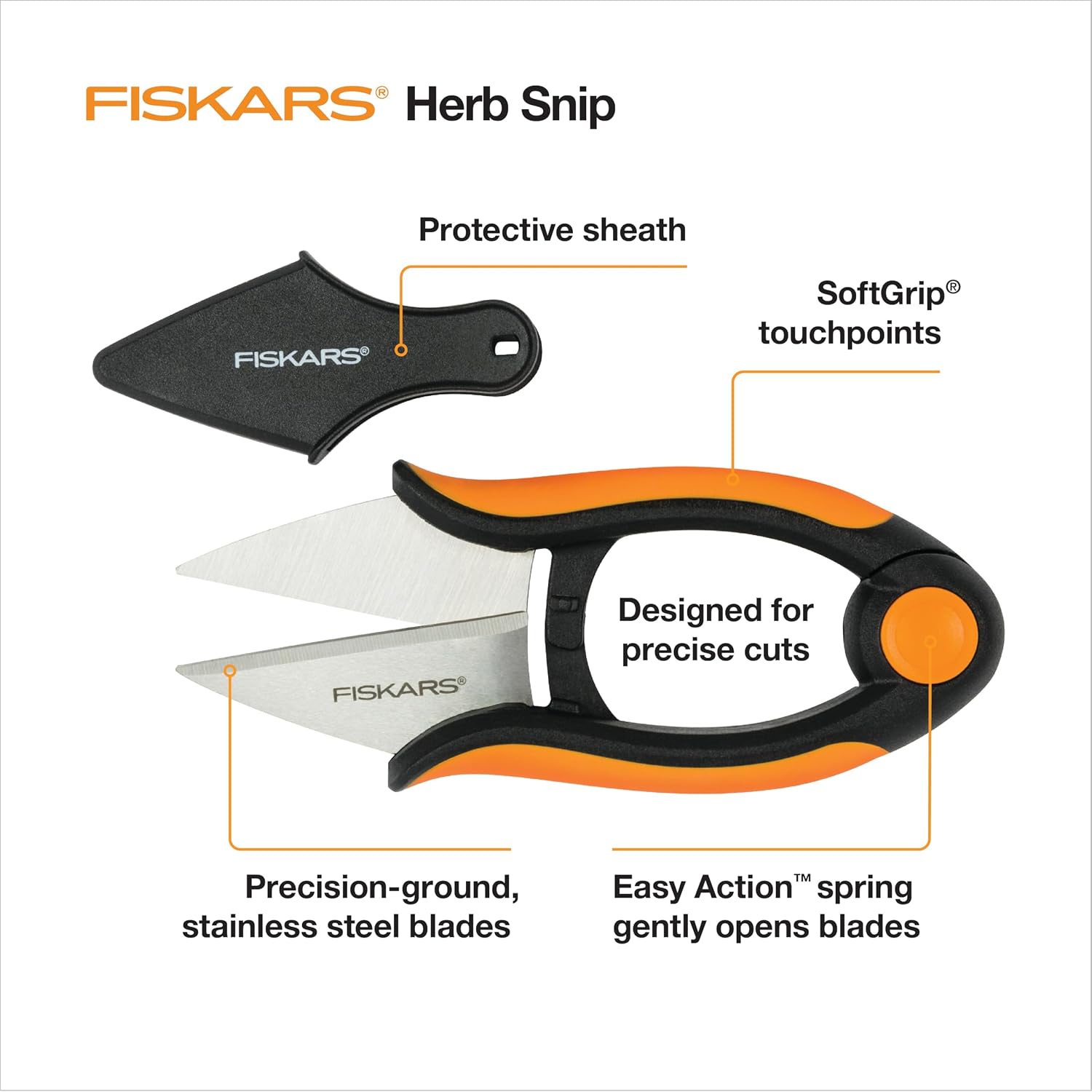 Fiskars Herb Garden Scissors, 5" Garden Shears, Handheld Herb Snips With Sheath And Softgrip Handle, Dishwasher Safe