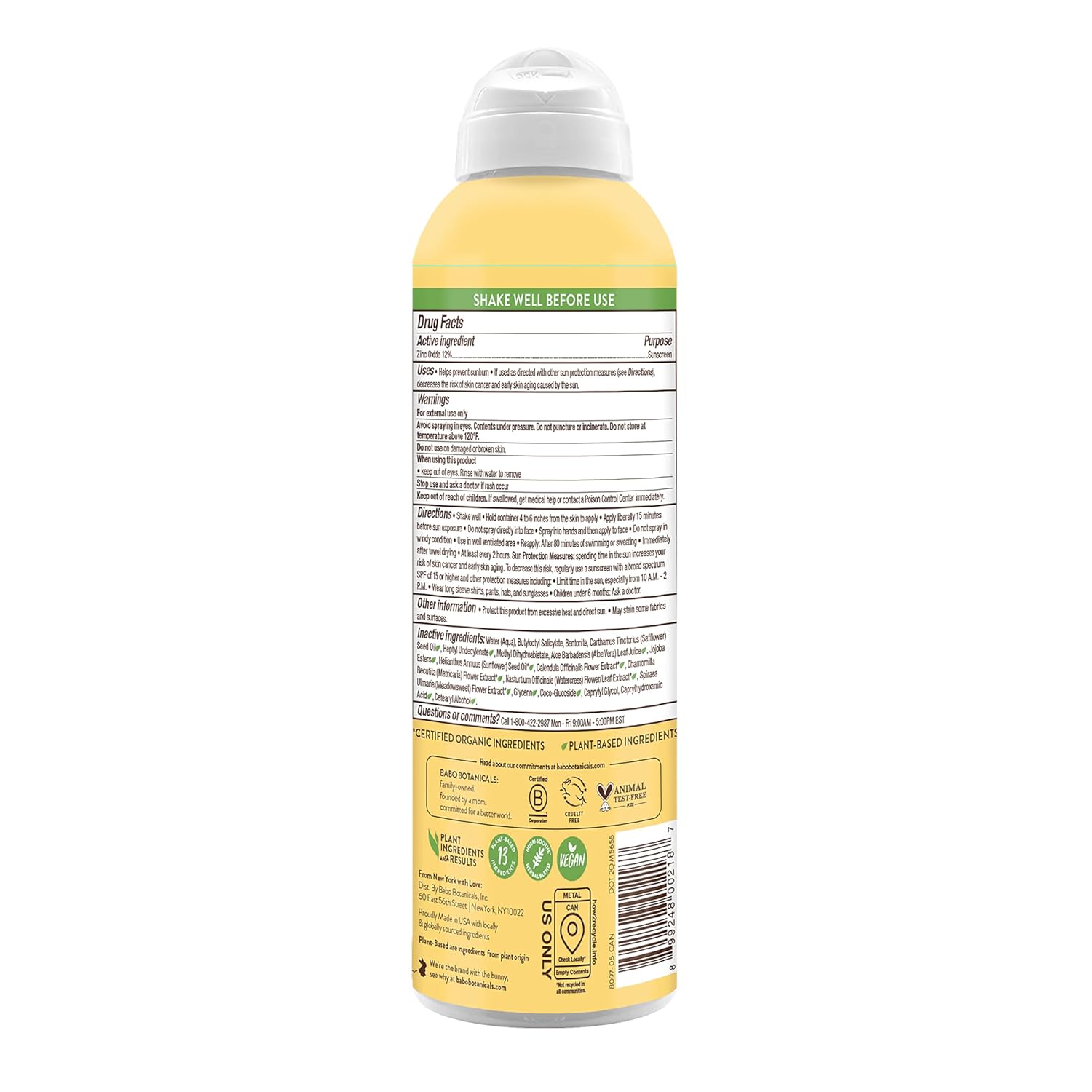 Babo Botanicals Sheer Zinc Continuous Sunscreen Spray SPF30 - Natural Zinc Oxide - Extra Sensitive Skin - Water Resistant - Vegan - Fragrance-Free - Air-Powered Spray - For all ages