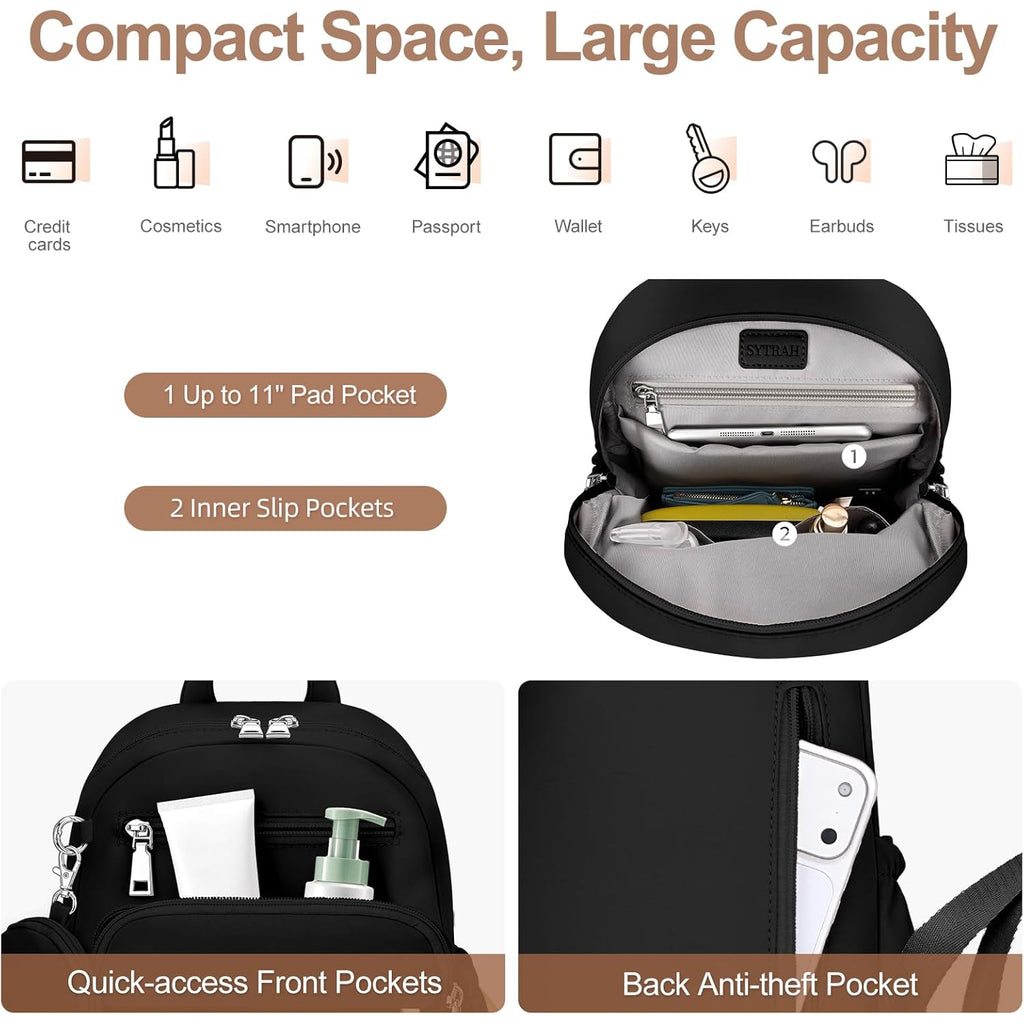 SYTRAH Mini Backpack for Women Small Backpack Purse, Anti Theft Backpack Waterproof Lightweight Puffer Back packs for Travel, Work with Coin Purse Black