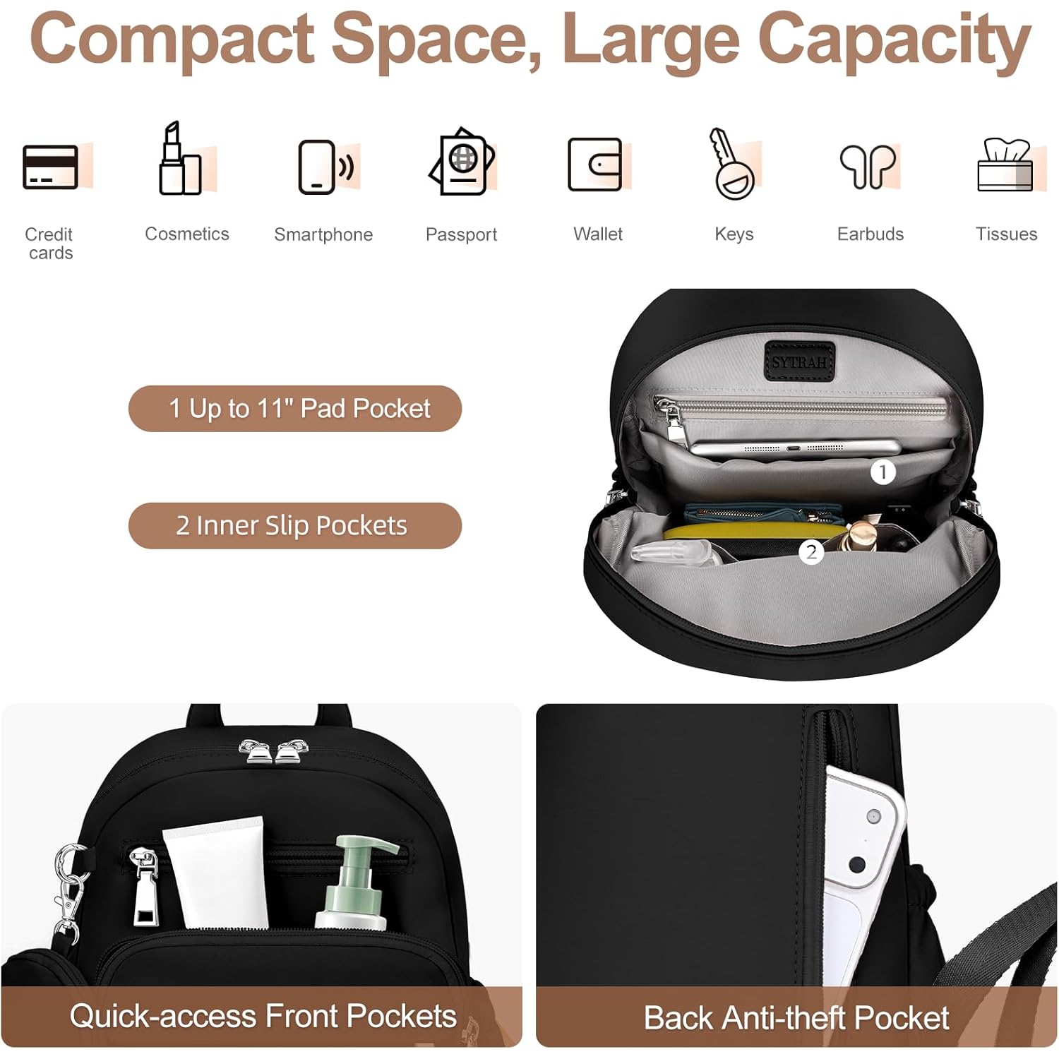 SYTRAH Mini Backpack for Women Small Backpack Purse, Anti Theft Backpack Waterproof Lightweight Puffer Back packs for Travel, Work with Coin Purse Black