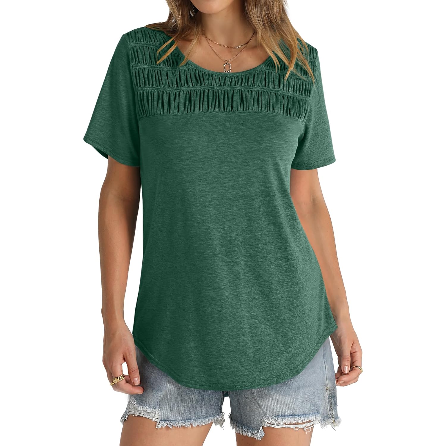 Women's Summer Tops 2026 Trendy Short Sleeve Shirts Smocked Crewneck Tee