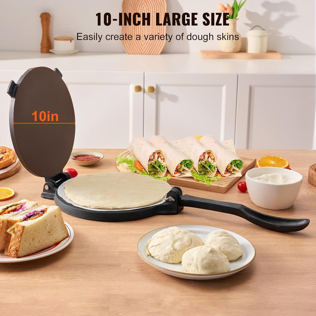 Vevor Tortilla Press, 10 Inch Tortilla And Roti Maker, Cast Iron Heavy Duty Tortilladora Press, Pre-Seasoned Pataconera With 100 Pcs Parchment Paper, Dough Maker For Flour Tortilla, Tawa