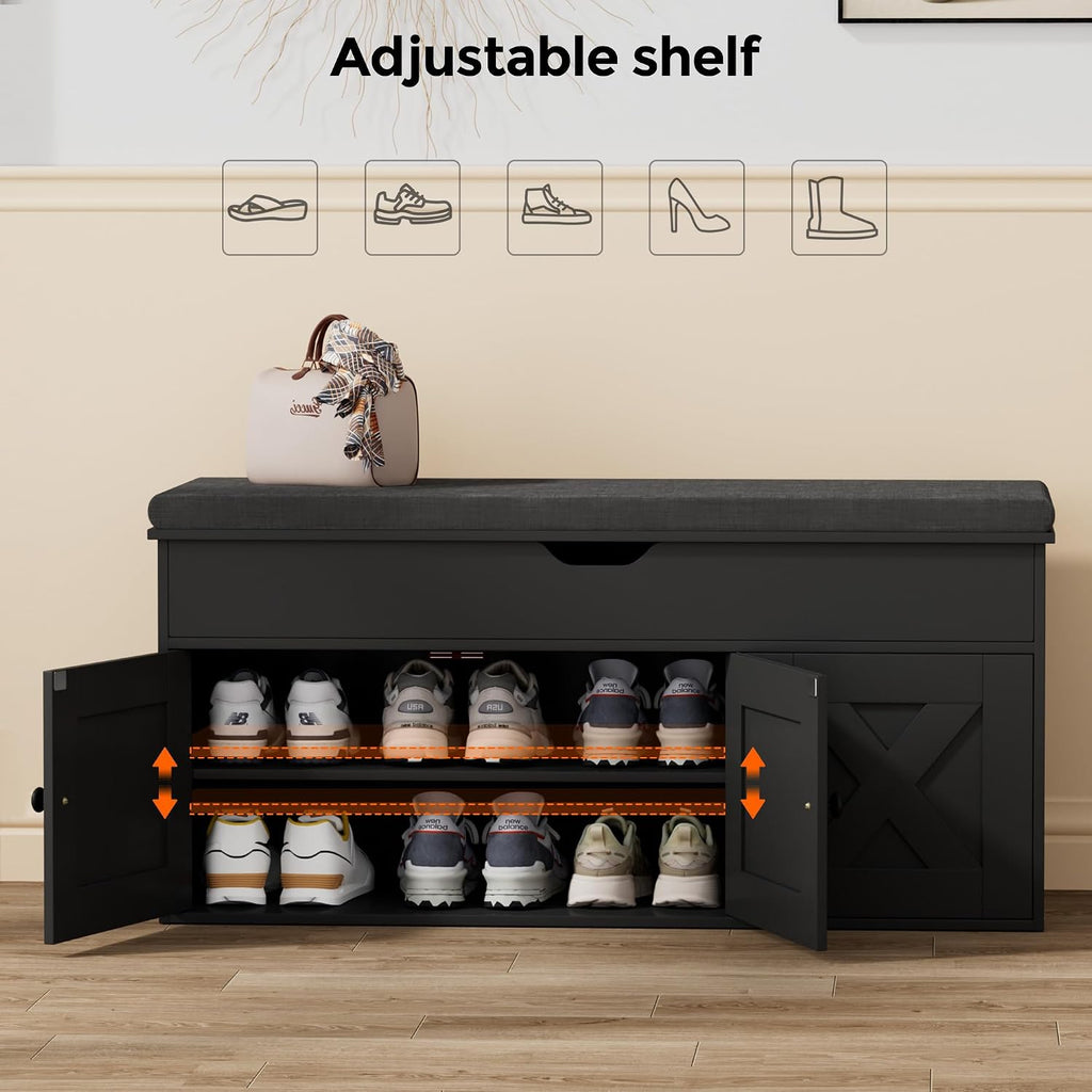 Shoe Storage Bench With Lift Top & 3 Barn Doors, Entryway Bench With Removable Cushion, Adjustable Shelf, Hidden Storage Cabinet For Hallway, Living Room, Bedroom - Black