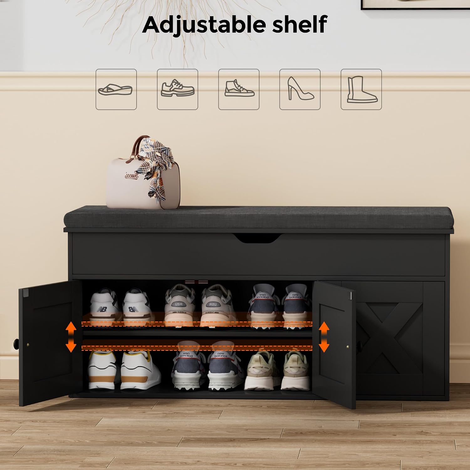 Shoe Storage Bench With Lift Top & 3 Barn Doors, Entryway Bench With Removable Cushion, Adjustable Shelf, Hidden Storage Cabinet For Hallway, Living Room, Bedroom - Black