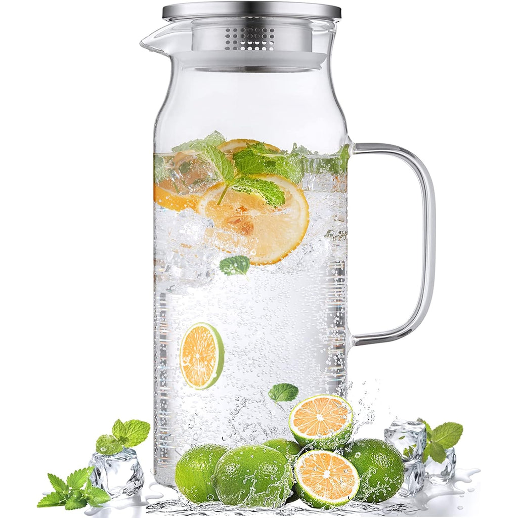 Bivvclaz 2 Liter 68 oz Glass Pitcher with Lid and Handle, Glass Carafe for Hot/Cold Water, Large Iced Tea Pitcher for Coffee, Juice and Homemade Beverage