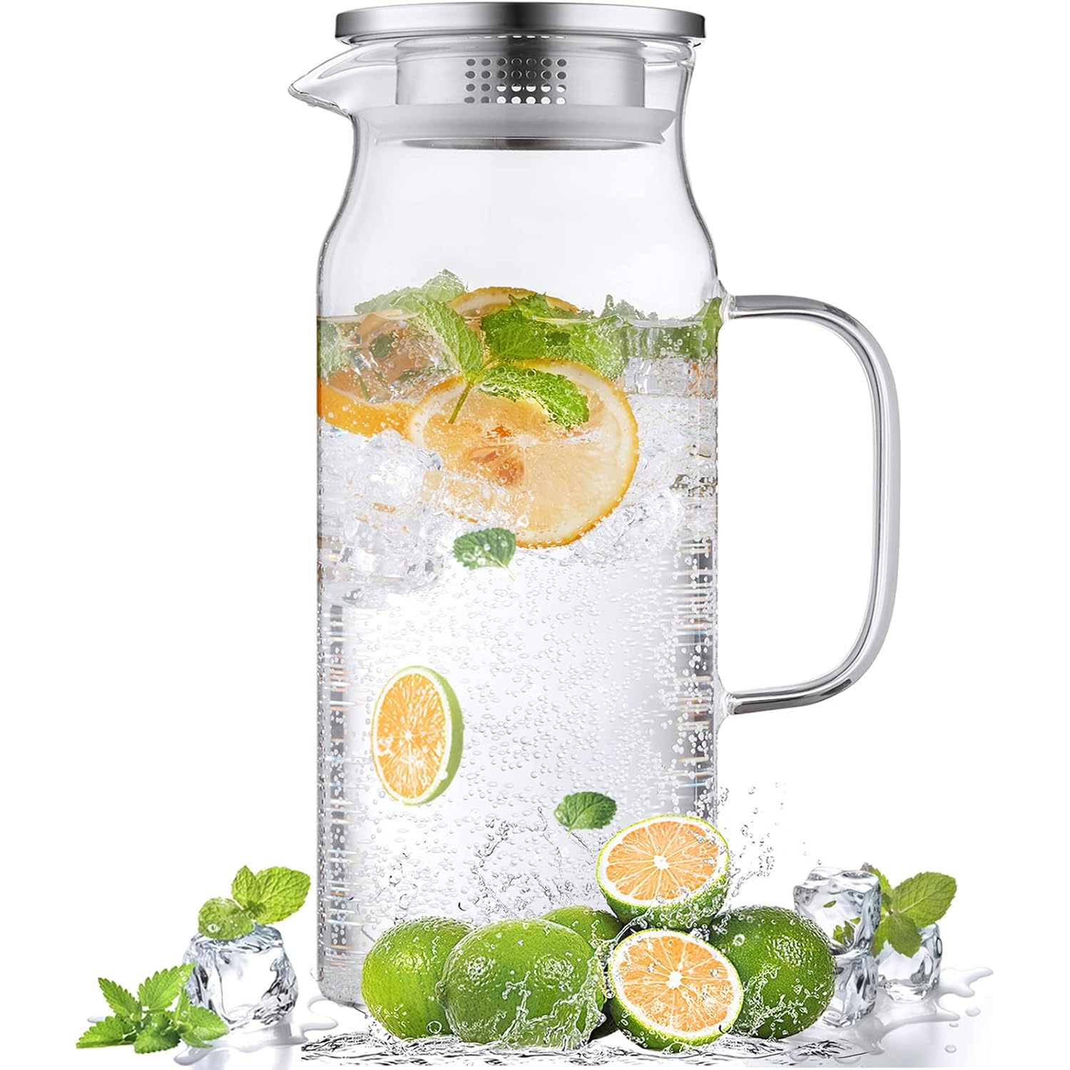 Bivvclaz 2 Liter 68 oz Glass Pitcher with Lid and Handle, Glass Carafe for Hot/Cold Water, Large Iced Tea Pitcher for Coffee, Juice and Homemade Beverage